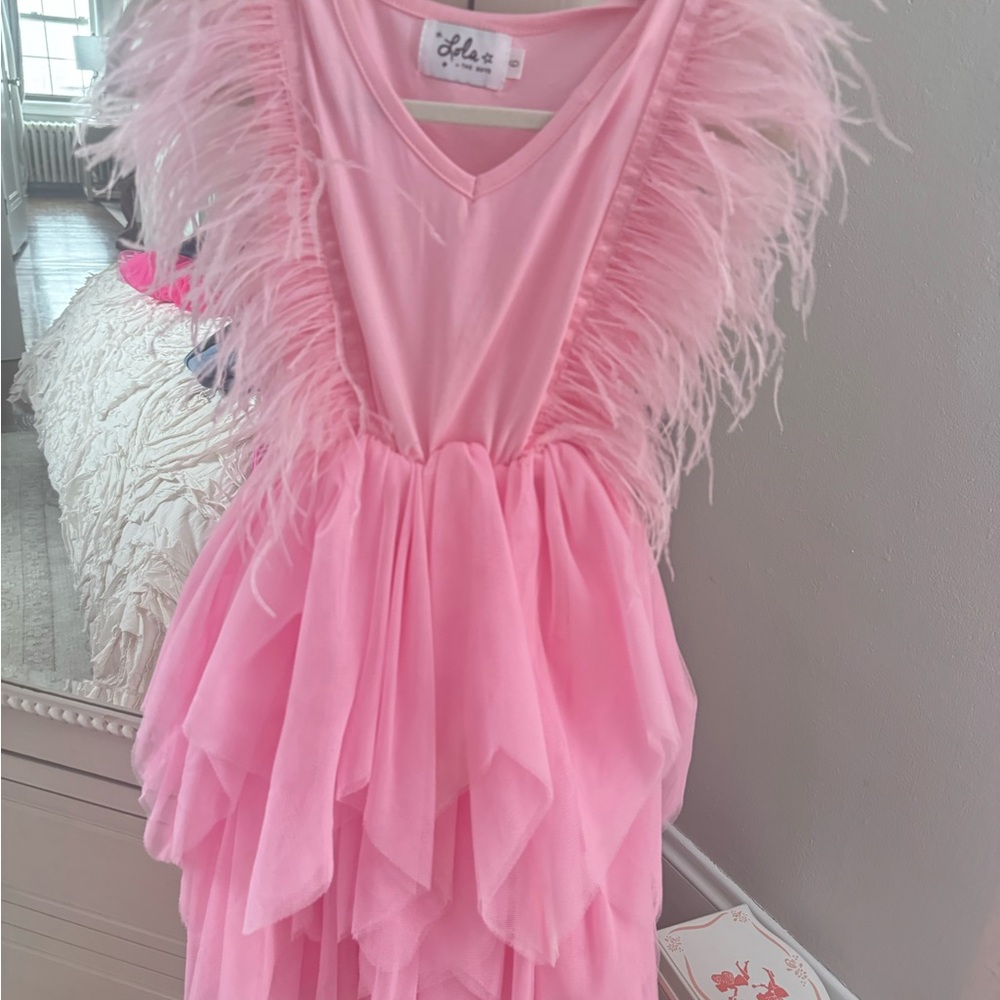 Lola & the boys Pink Feathered V-Neck Dress
